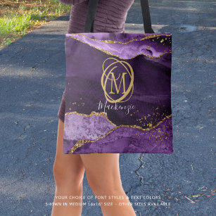 Stylish Monogram Purple Agate Gold Glitter Tote Bag