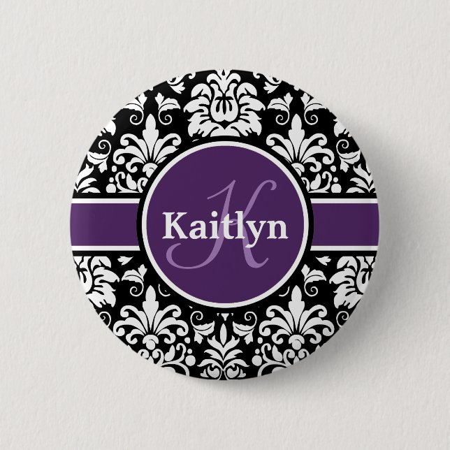 Stylish Monogram Purple Black White Damask 2 Inch Round Button (Front)