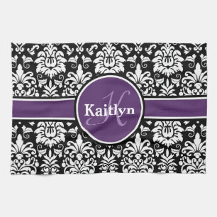 Stylish Monogram Purple Black White Damask Kitchen Towel