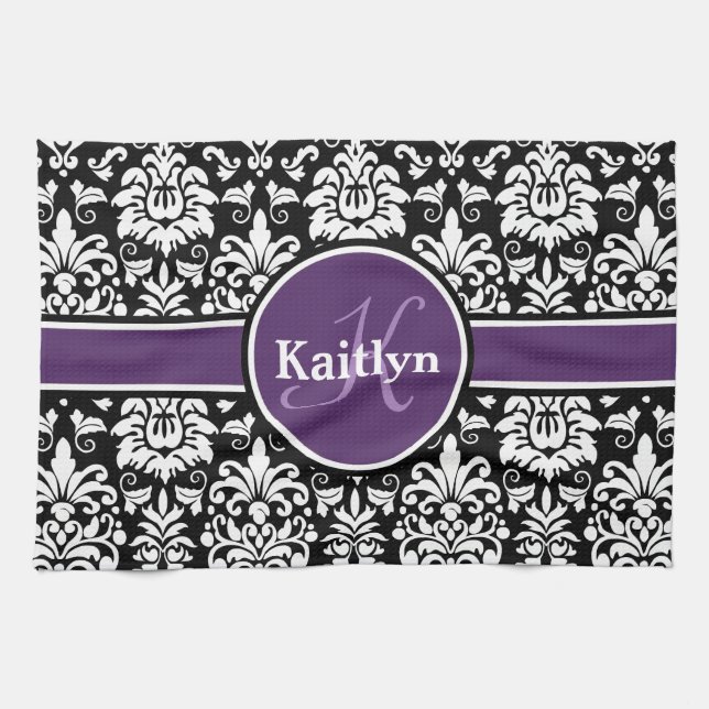 Stylish Monogram Purple Black White Damask Kitchen Towel (Horizontal)