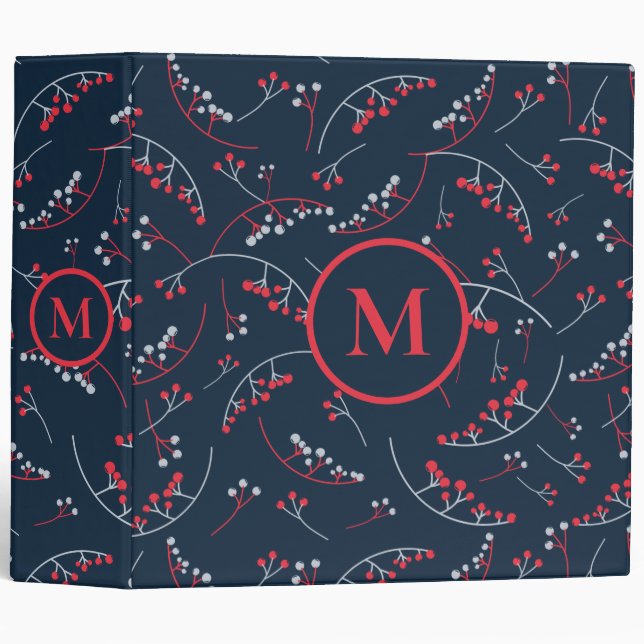 Stylish monogram red dark blue berry pattern binder (Front/Spine)