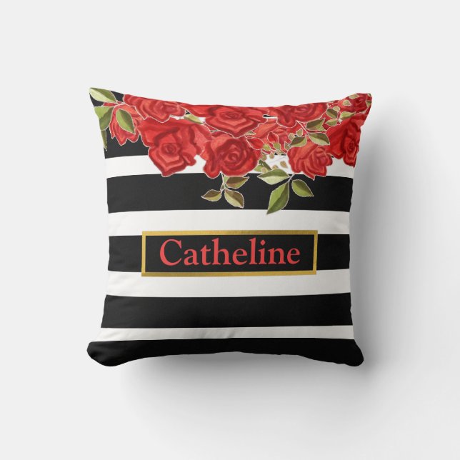 Stylish Monogram red floral black white stripes Throw Pillow (Front)