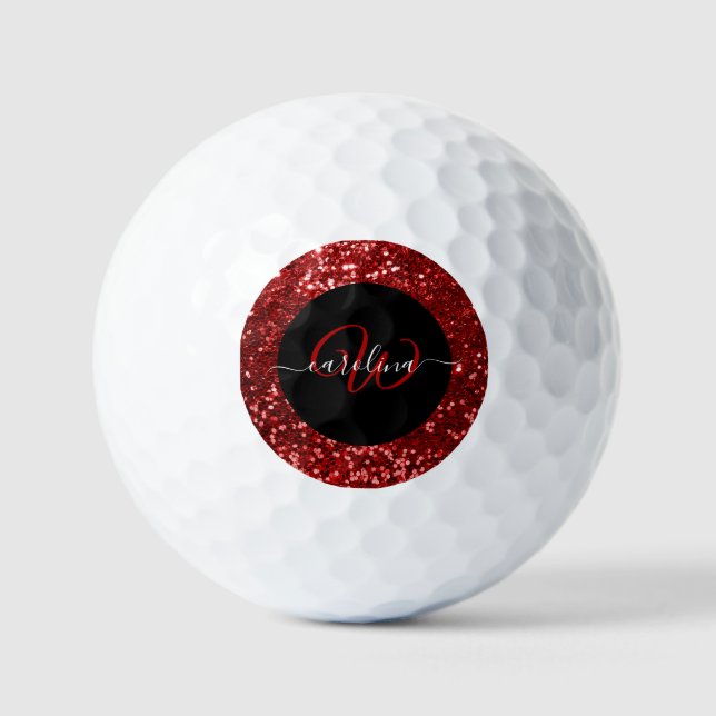 Stylish monogram red glitter name black golf balls (Front)