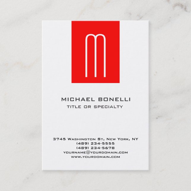 Stylish Monogram Red White Chubby Business Card (Front)