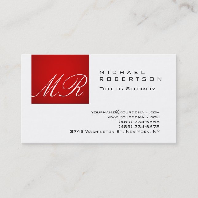 Stylish Monogram Script White Red Business Card (Front)