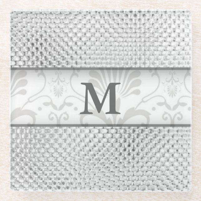 Stylish Monogram Silver Grey Designer Glass Coaster (Front)