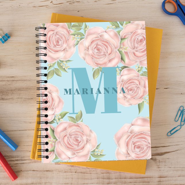Stylish Monogram Simple Calligraphy Typography Notebook (Pretty pink floral rose pattern with blue background monogrammed notebook.)