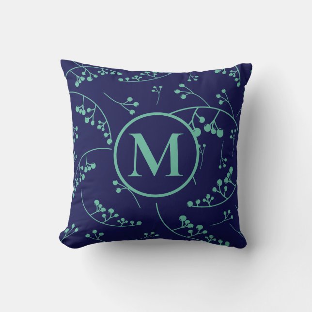 Stylish monogram teal green blue berry pattern throw pillow (Front)