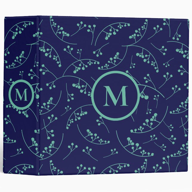 Stylish monogram teal turquoise berry pattern binder (Front/Spine)
