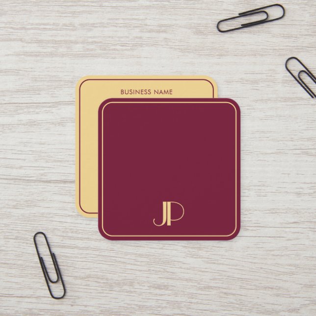 Stylish Monogram Template Luxury Bordeaux And Gold Square Business Card (Front/Back In Situ)