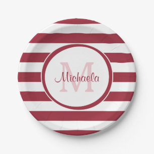 Stylish Monogram Thick Chili Pepper Red Stripes Paper Plate