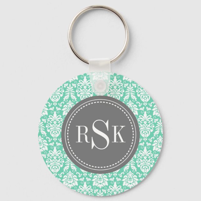 Stylish Monogram Trio Mint Damask Keychain (Front)