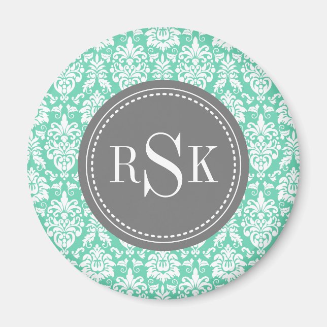Stylish Monogram Trio Mint Damask Magnet (Front)