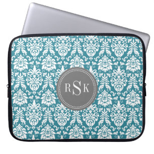 Stylish Monogram Trio Teal Damask Laptop Sleeve