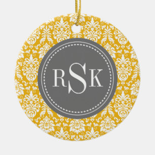 Stylish Monogram Trio Yellow Damask Ceramic Ornament