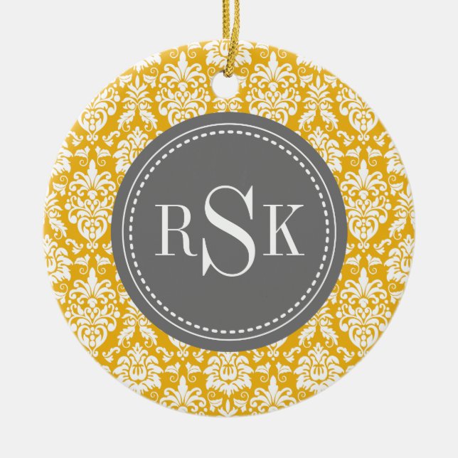 Stylish Monogram Trio Yellow Damask Ceramic Ornament (Front)