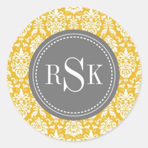 Stylish Monogram Trio Yellow Damask Classic Round Sticker