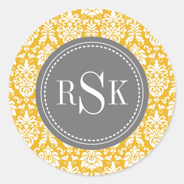 Stylish Monogram Trio Yellow Damask Classic Round Sticker (Front)