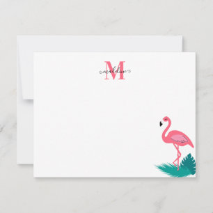 Stylish Monogram Tropical Leaves Hot Pink Flamingo Card