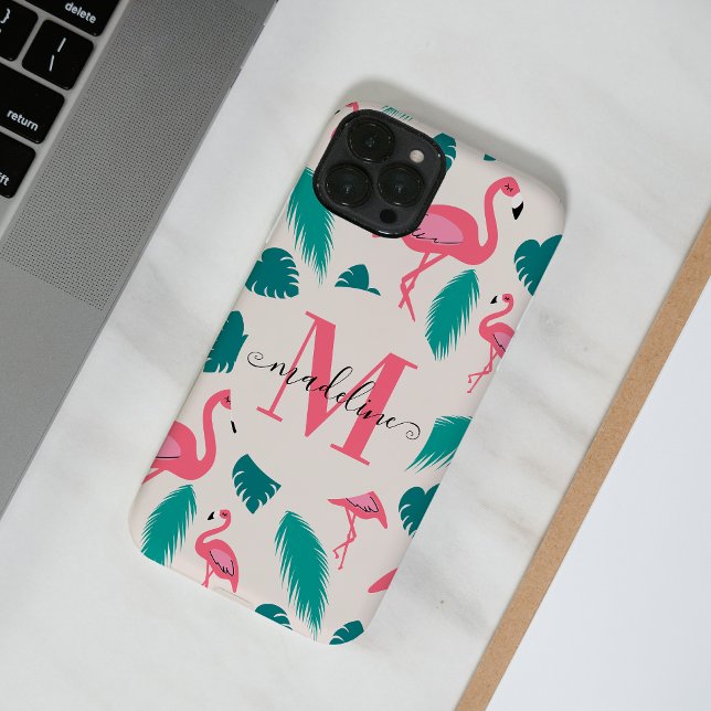 Stylish Monogram Tropical Leaves Hot Pink Flamingo Case-Mate iPhone Case (Creator Uploaded)