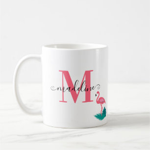Stylish Monogram Tropical Leaves Hot Pink Flamingo Coffee Mug
