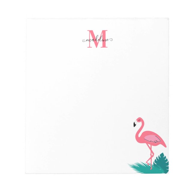 Stylish Monogram Tropical Leaves Hot Pink Flamingo Notepad (Front)