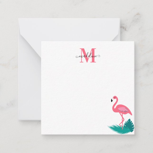 Stylish Monogram Tropical Pink Flamingo Square 2 Card (Front)