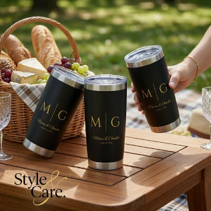 Stylish Monogram With Couple Name Black Insulated Tumbler