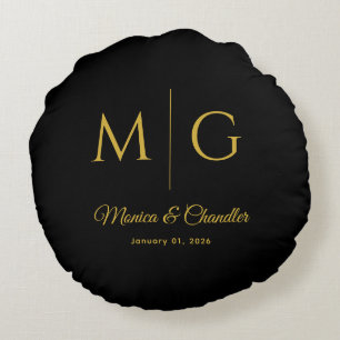 Stylish Monogram With Couple Name Black Round Pillow