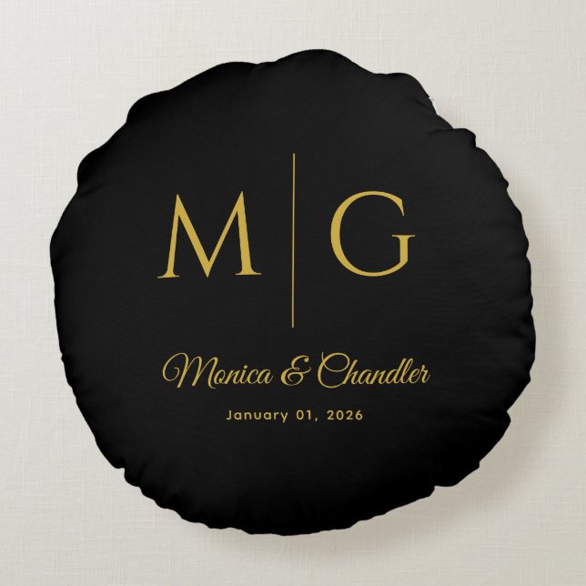 Stylish Monogram With Couple Name Black Round Pillow (Back)