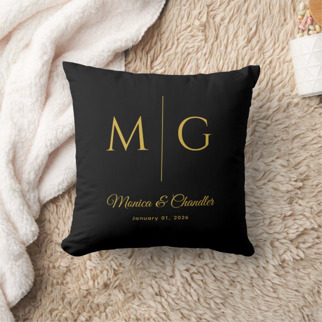 Stylish Monogram With Couple Name Black Throw Pillow (Blanket)