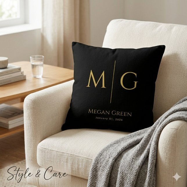 Stylish Monogram With Name Personalized Black Throw Pillow (Stylish Monogram With Name Personalized Black Throw Pillow)