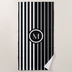 Stylish monogrammed black and white stripes beach towel