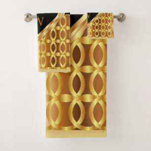 Stylish Monogrammed Gold And Black Heart Geometric Bath Towel Set