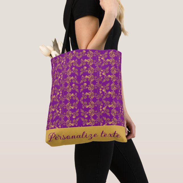 Stylish monogrammed Gold and purple damask swirl Tote Bag (Close Up)