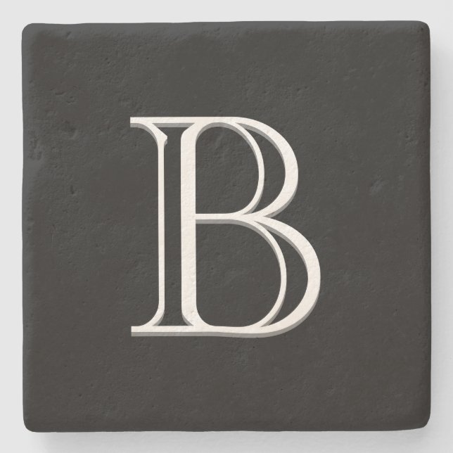 Stylish Monogrammed Initial Letter Black & White Stone Coaster (Front)