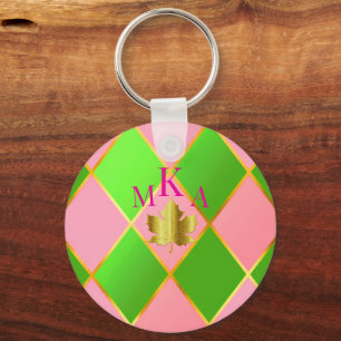 Stylish Monogrammed Pink and Green Argyle Keychain