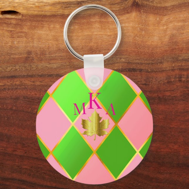 Stylish Monogrammed Pink and Green Argyle  Keychain (Front)