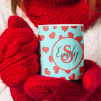 stylish monogrammed Red heart pattern on blue