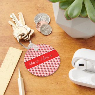 Stylish monogrammed Red Polka dots pattern white Keychain