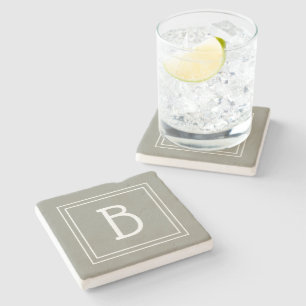 Stylish Monogrammed Soft Evergreen & White Initial Stone Coaster