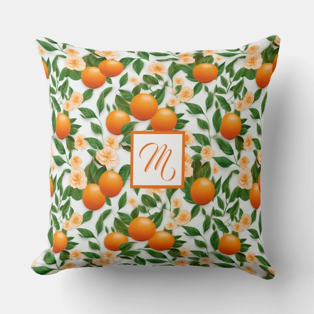 Stylish Monogrammed Valencia Orange Decorative  Throw Pillow (Front)