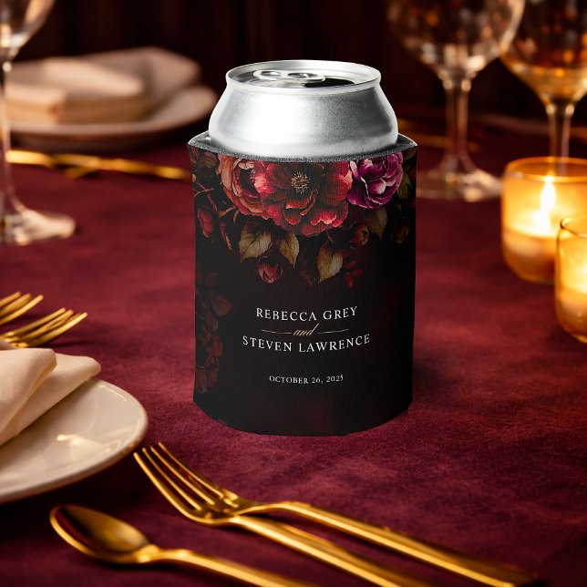Stylish moody gothic red black floral wedding  can cooler (Creator Uploaded)