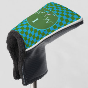 Stylish Moss Green  Azure Blue Chequered Monogram  Golf Head Cover