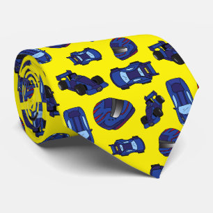 Stylish Motor Racing Fan Blue Sports Cars Yellow Tie