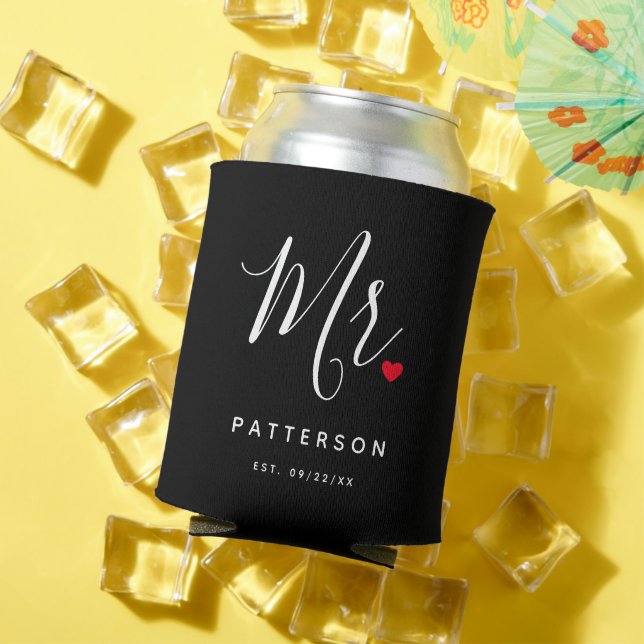 Stylish Mr. Custom Last Name & Date Wedding Can Cooler (In Situ Summer)