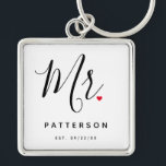 Stylish Mr. Custom Last Name & Date Wedding Keychain<br><div class="desc">The perfect gift for any groom to be,  the fun and modern design features a stylish typography script "Mr." with cute little red love heart full stops. The design is easy to personalize with your surname and established date and will be the perfect keepsake from your special day.</div>