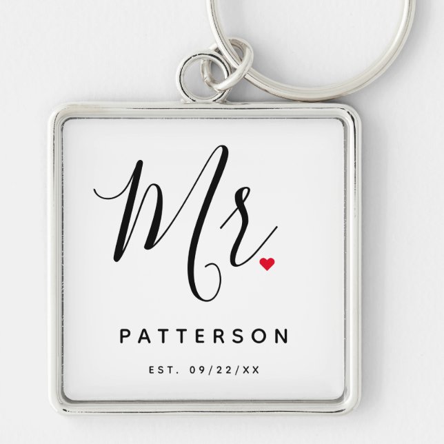 Stylish Mr. Custom Last Name & Date Wedding Keychain (Front)