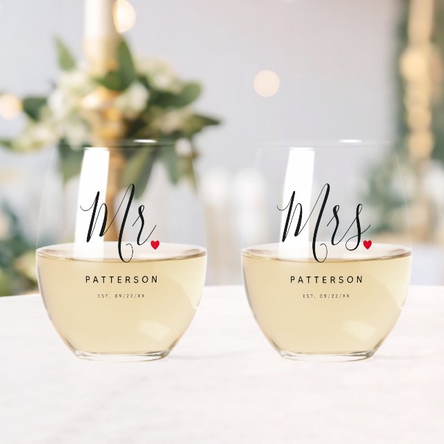 Stylish Mr. & Mrs. Custom Last Name & Date Wedding Stemless Wine Glass (Insitu (Wedding))