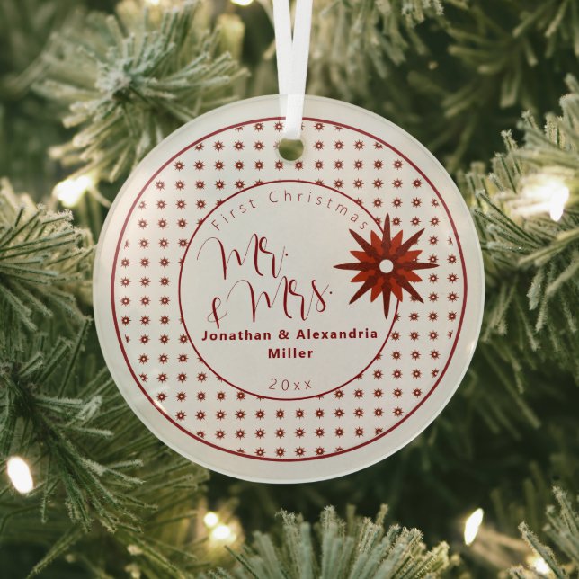 Stylish Mr & Mrs First Christmas | Red Snowflake Glass Ornament (Insitu)